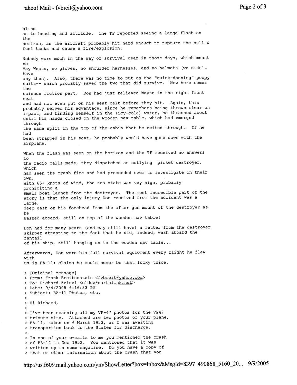 Email Correspondence Recounting VP-47 Aircraft BA-12 Ditching, Korean War Era