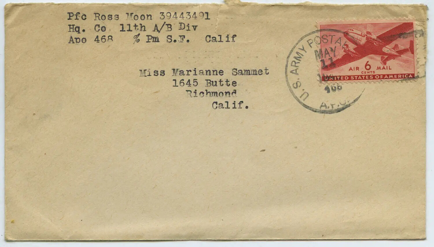 V-Mail Era Envelope: Pfc. Ross Moon, 11th Airborne Division, to Miss Marianne Sammet