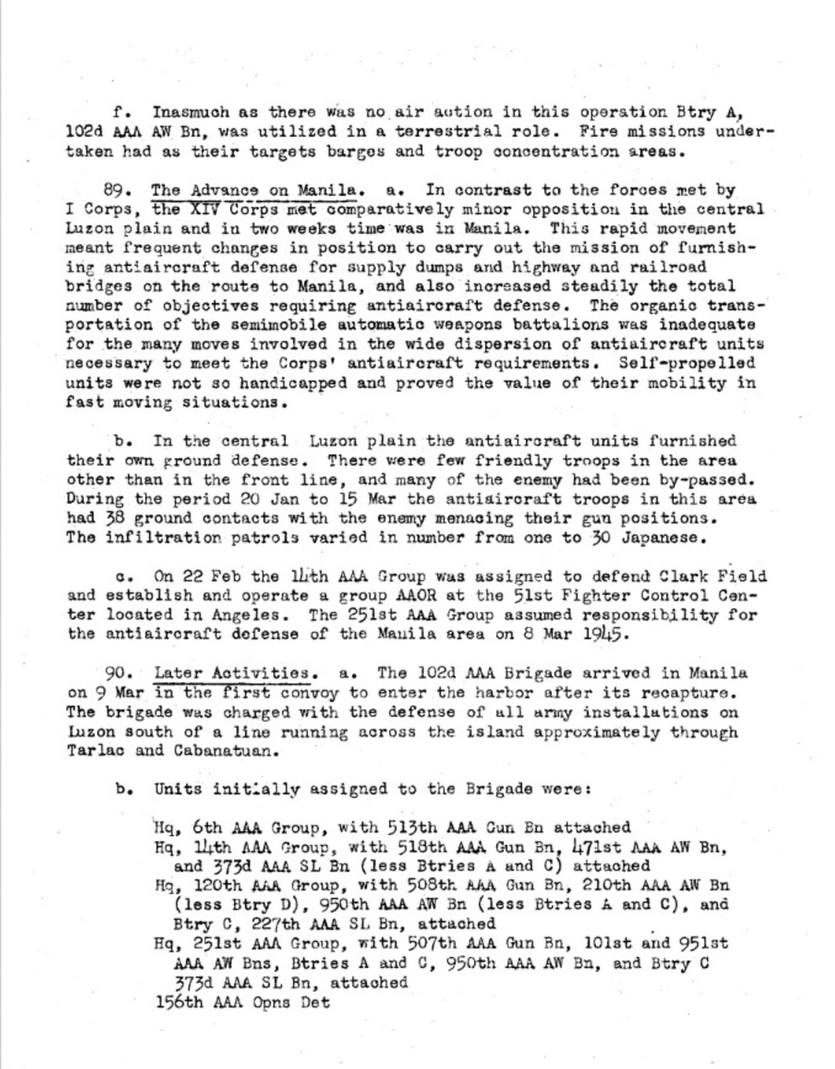 Typewritten Page from U.S. Army Antiaircraft Artillery After-Action Report, Luzon Campaign, Philippines, 1945