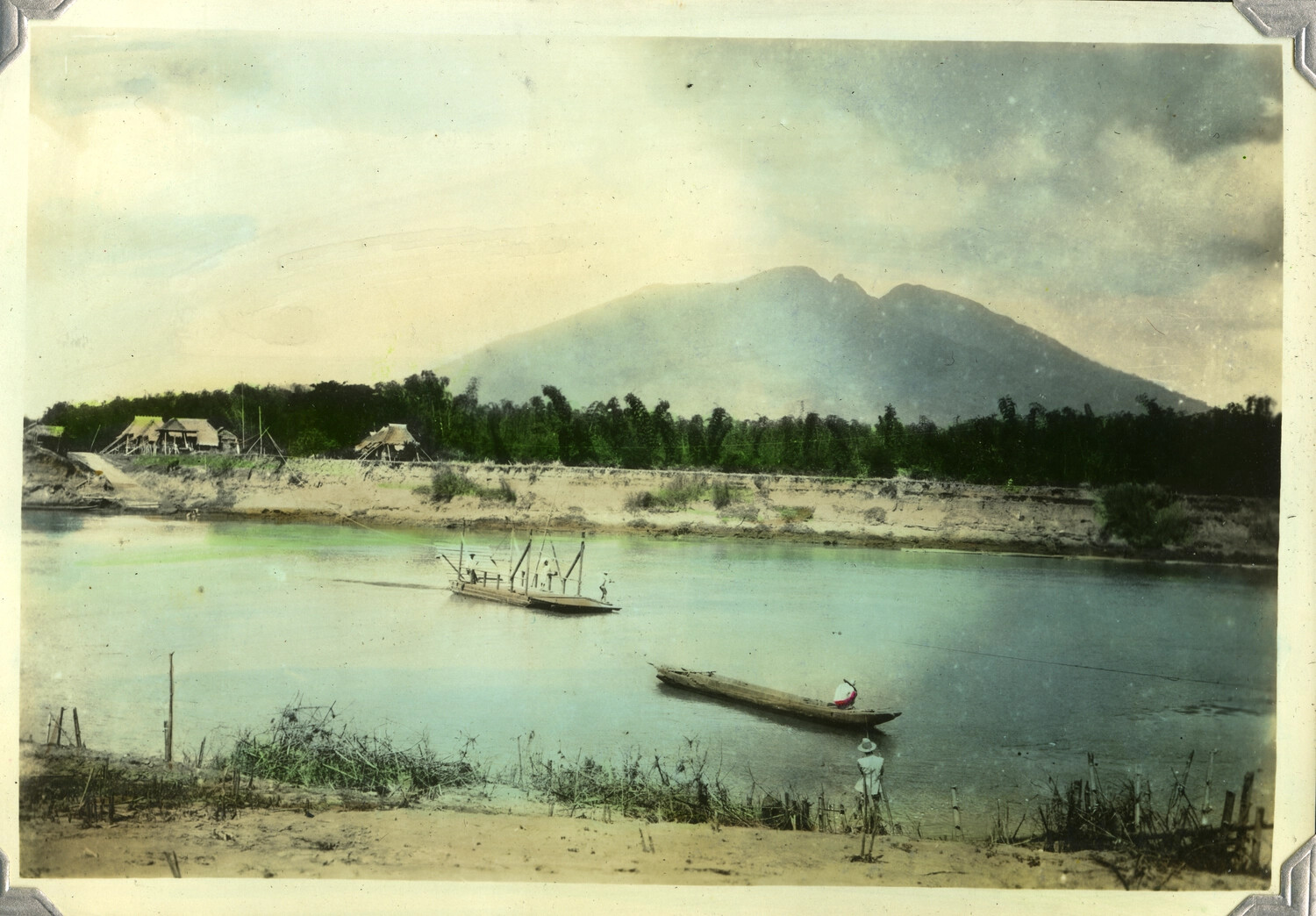 River Scene with Raft, Dugout Canoe, and Distant Mountain, Luzon, Philippines, Early-to-Mid 20th Century