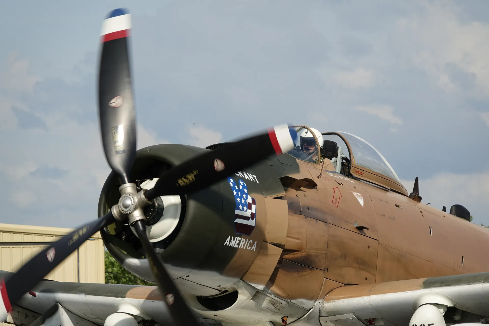 A-1 Skyraider 'Lieutenant America' Engine Running, Pilot in Cockpit