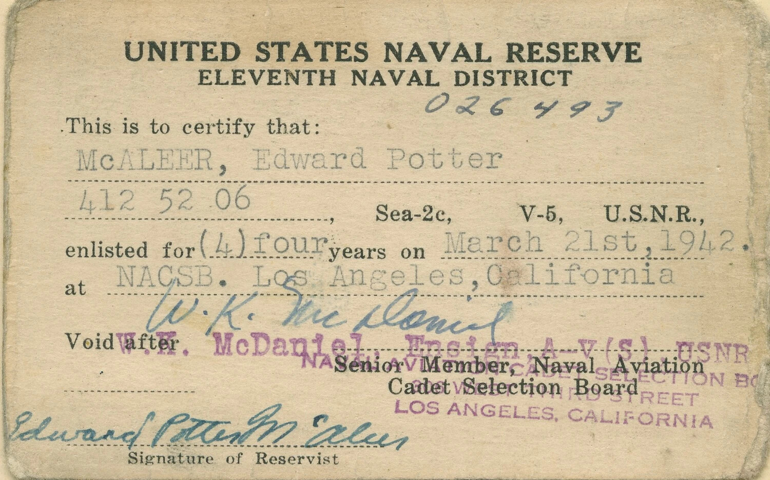 U.S. Naval Reserve Enlistment Card, Edward Potter McAleer, V-5 Naval Aviation Cadet Program — March 21, 1942