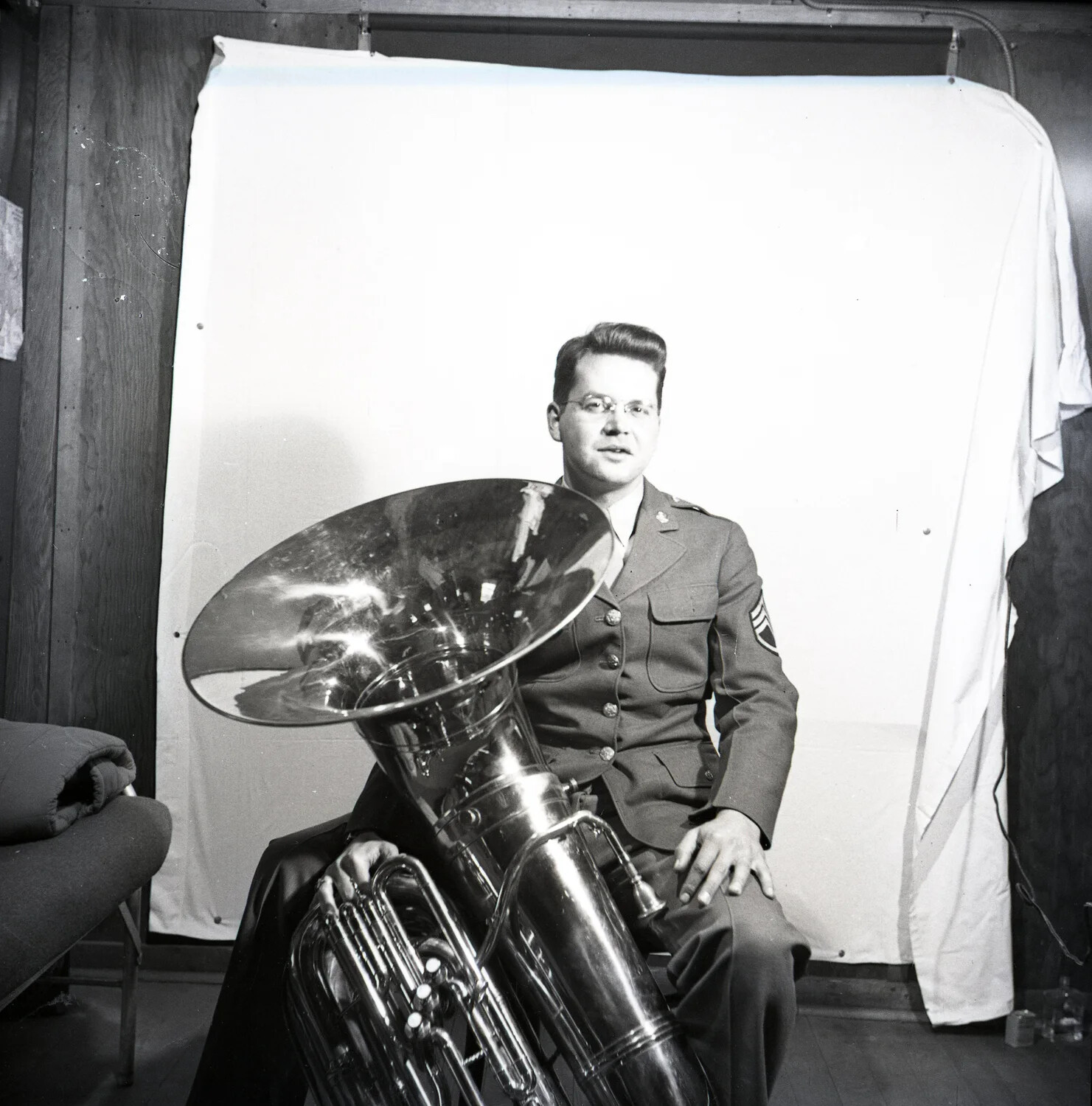 Portrait of U.S. Army Sergeant, Band Musician, Posed with Tuba
