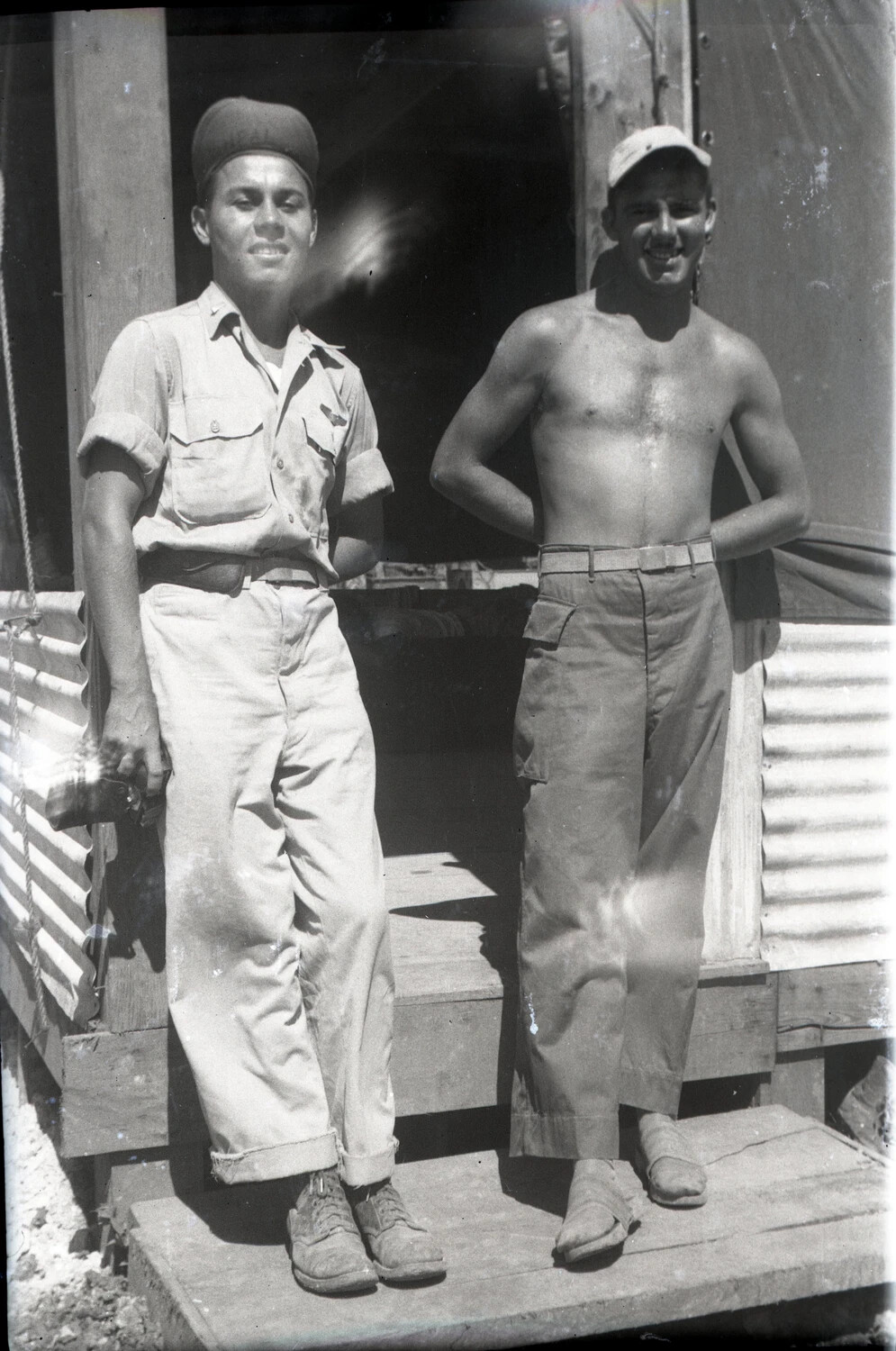 Two Airmen at Quarters, Ie Shima, 345th Bombardment Group, WWII Pacific Theater