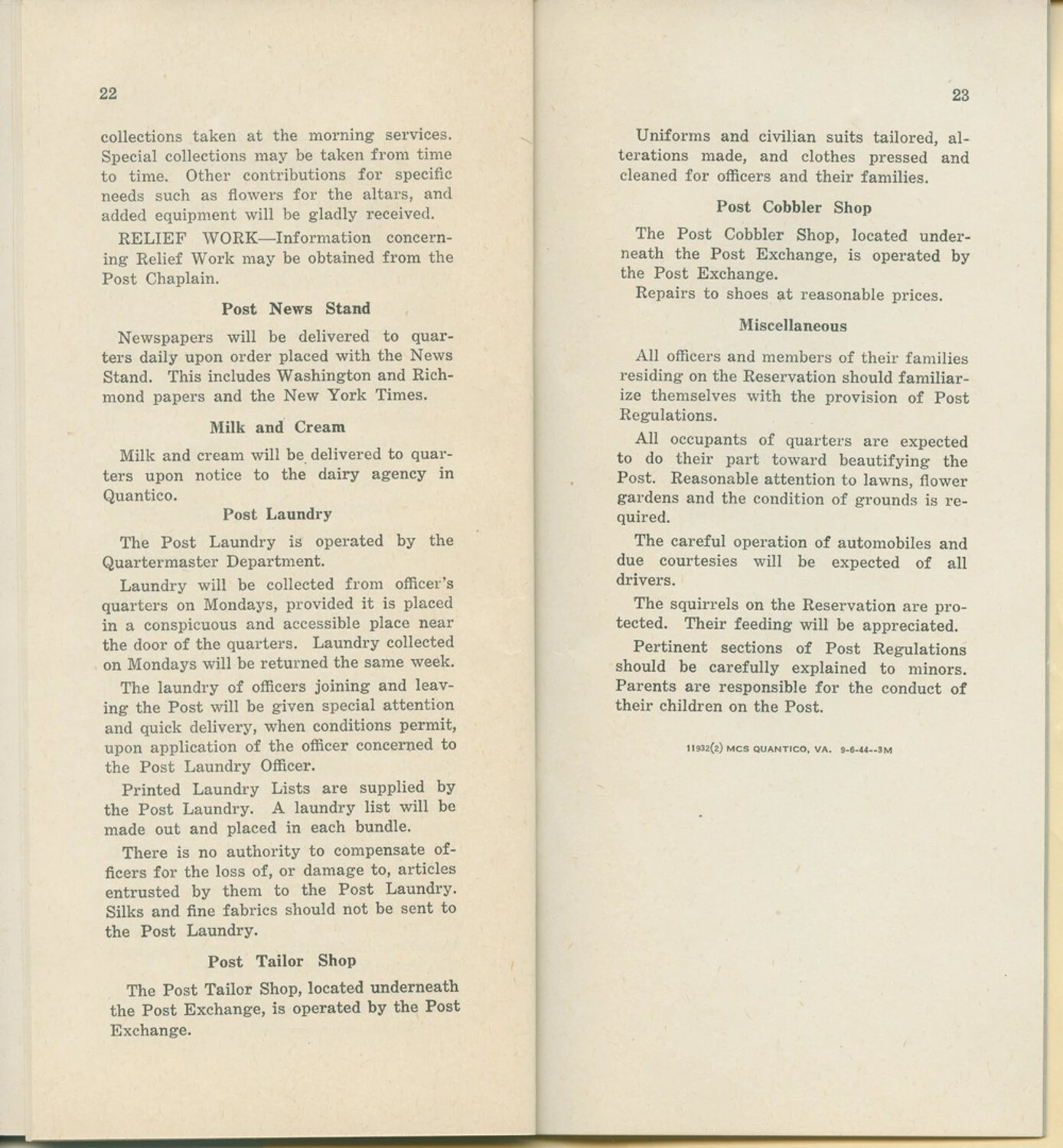 Marine Corps Schools Quantico Welcome Booklet, Pages 22-23 (1944)