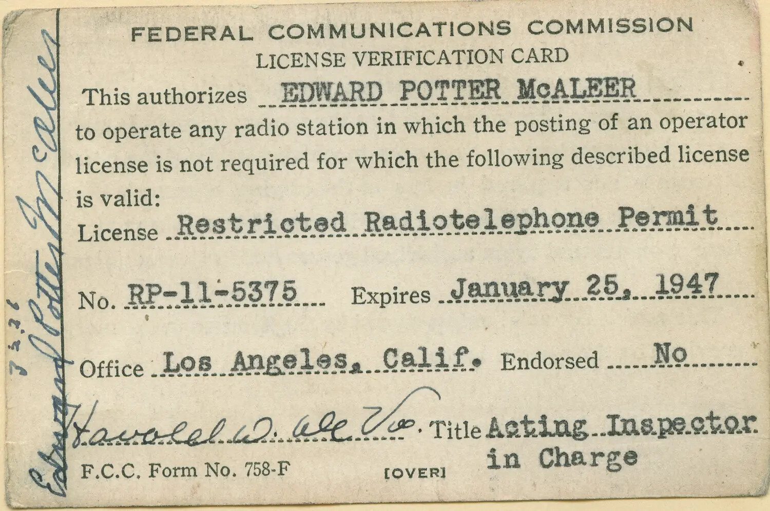 FCC License Verification Card, Restricted Radiotelephone Permit, Edward Potter McAleer