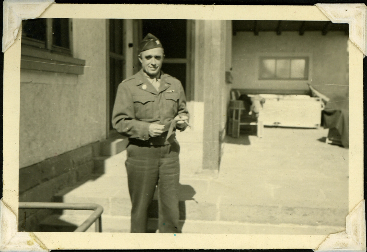 U.S. Army Serviceman Posing on Veranda, Australia, WWII-Era Album Photograph