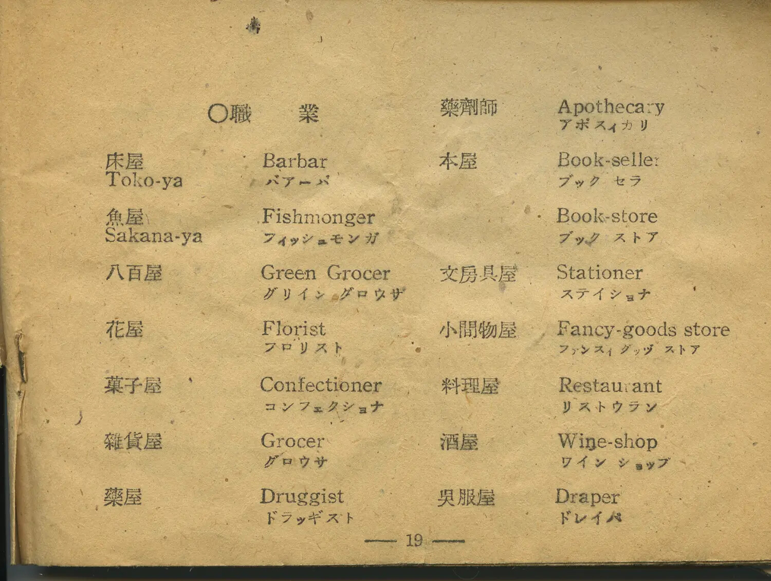 Page 19 of a Japanese-English Vocabulary Phrasebook, 'Occupations' Section -- Moon Sammiet WWII Collection