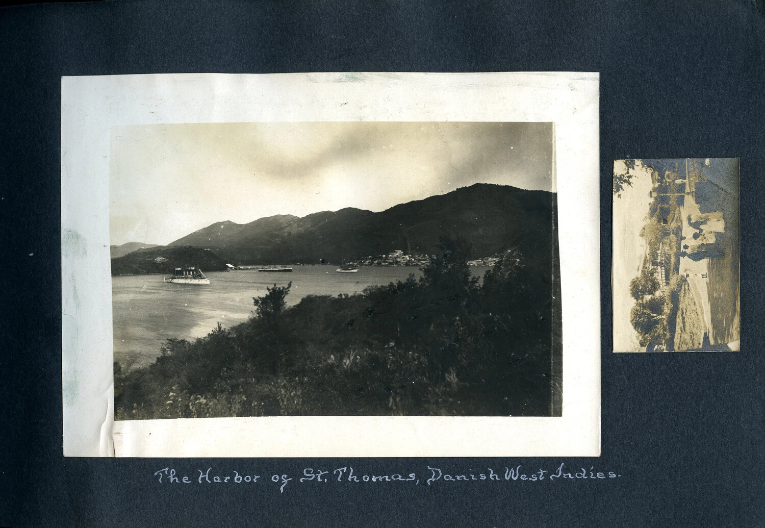 Album Page: 'The Harbor of St. Thomas, Danish West Indies,' with Inset Street Scene, c. 1900s-1910s