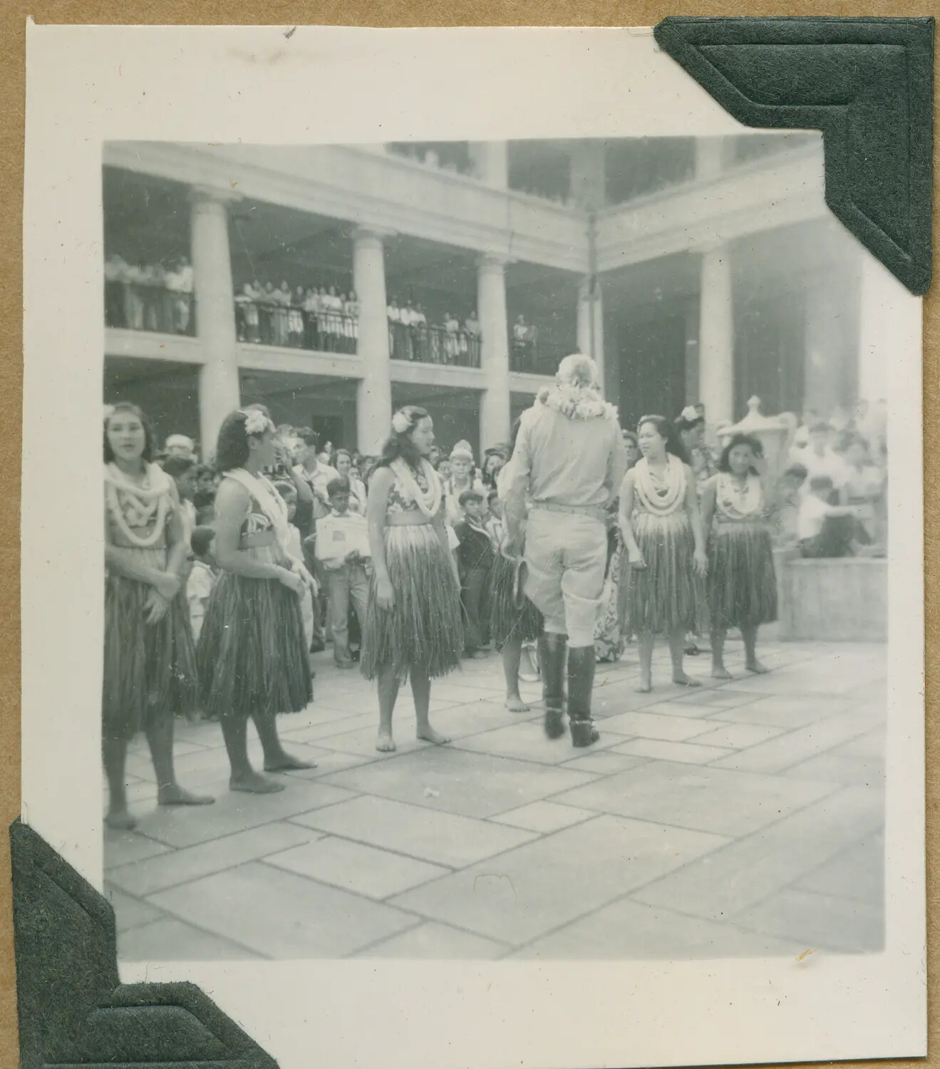 Hula Performers in Courtyard of Civic Building with Crowd, Honolulu, Hawaii, World War II Era