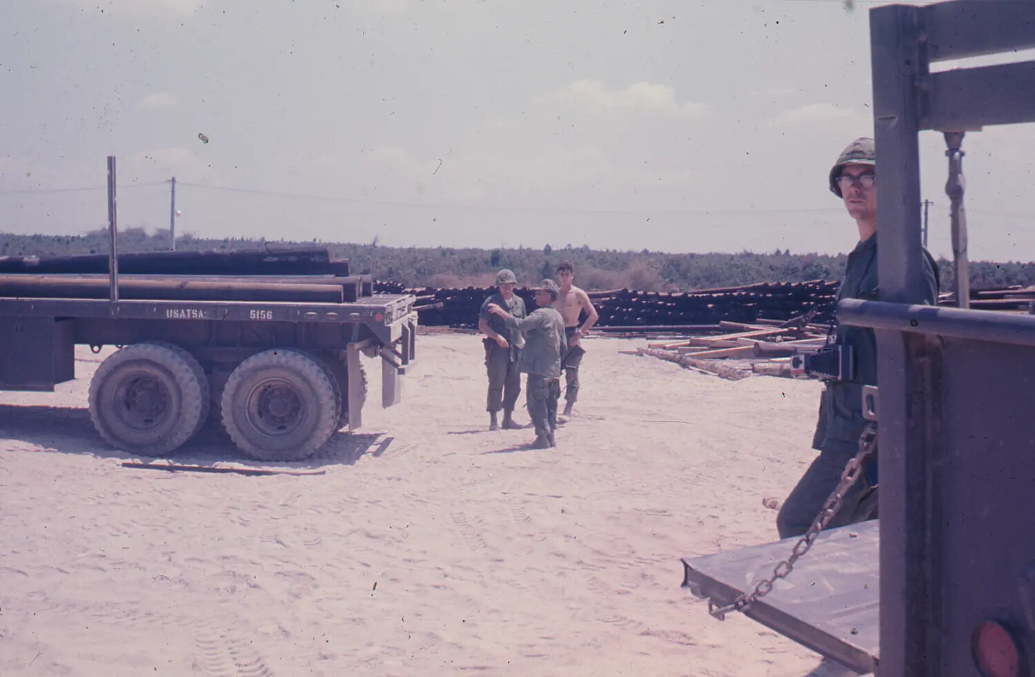 U.S. Army Engineer/Logistics Personnel with Flatbed Trailer 'USATSA 5156,' Vietnam, 1968 Tet Era