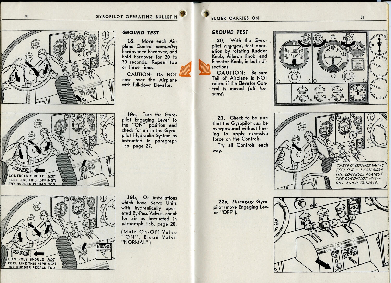 "Gyropilot Operating Bulletin" Illustrated Instructional Manual, Pages 30-31 ("Elmer Carries On")
