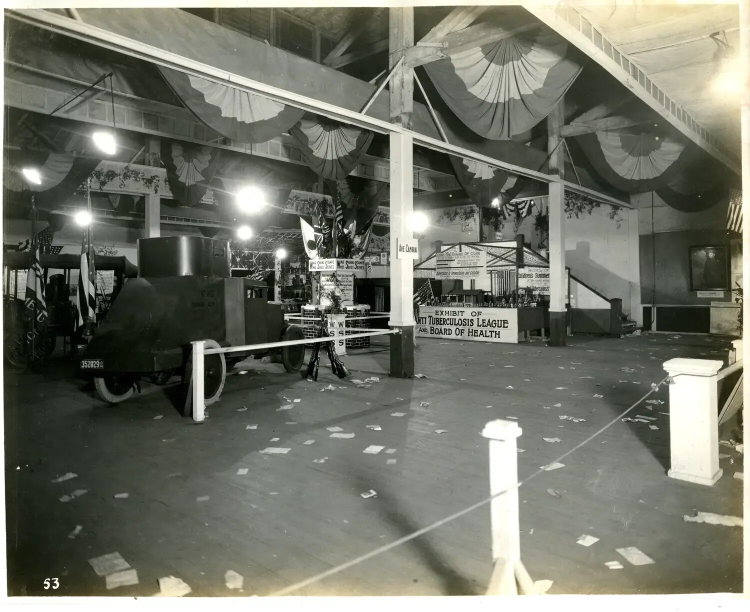 Armored Machine-Gun Car and Anti-Tuberculosis League Exhibit at 'Avenue Cambrai,' Ohio War Exposition, c. 1918-1919