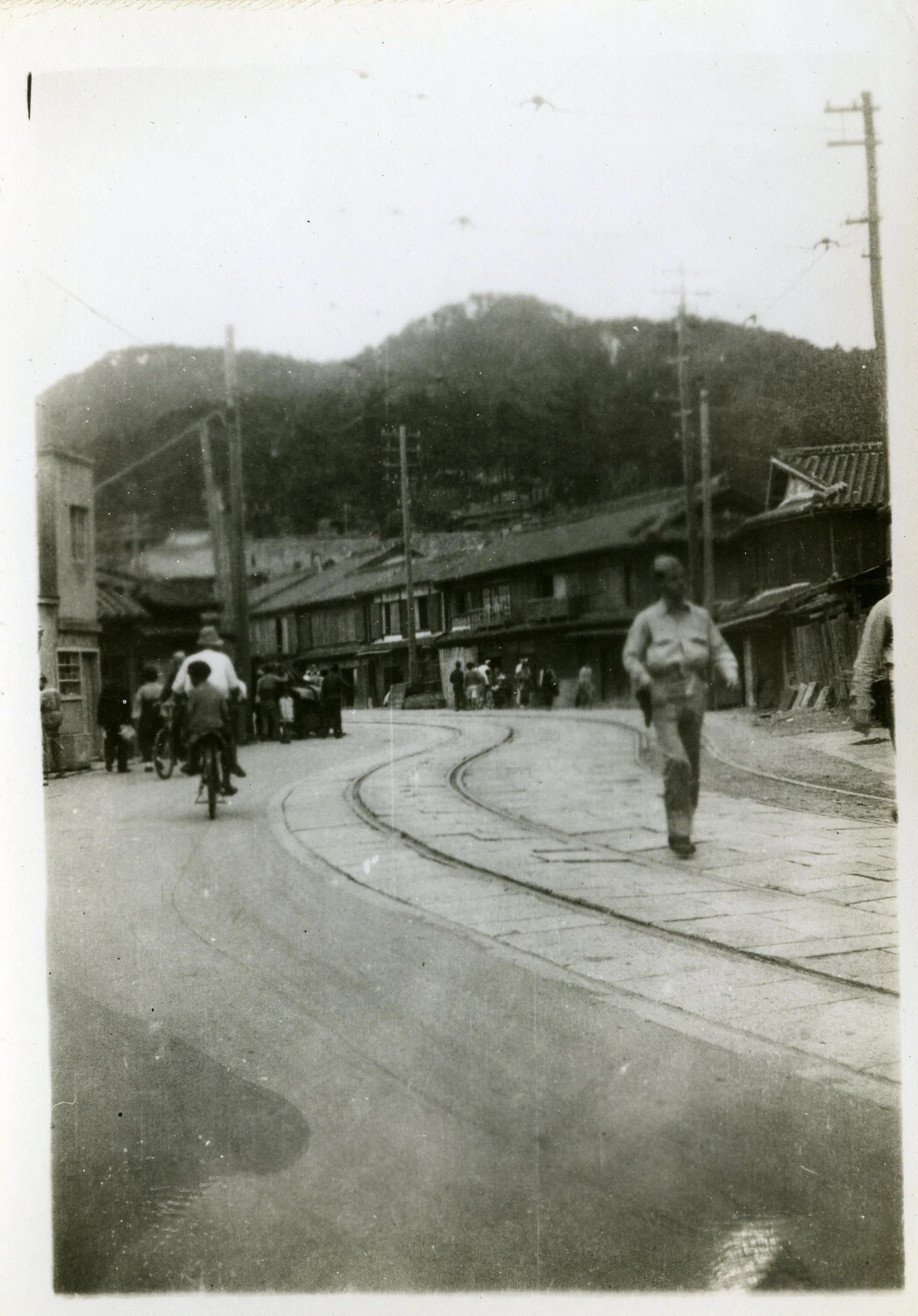 Curving Tram Line and Village Street Scene, Occupied Japan, circa 1945-1946