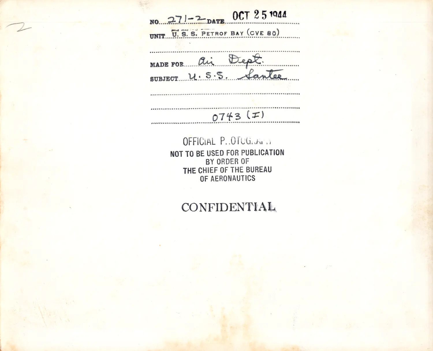 Caption Card, Official U.S. Navy Photograph No. 271-2, USS Santee (CVE-29), 25 October 1944