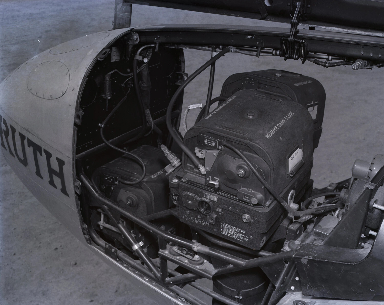 Nose Camera Bay of WWII Photo-Reconnaissance Aircraft "...RUTH" (S/N 43-56324) Showing Aerial Camera Installation