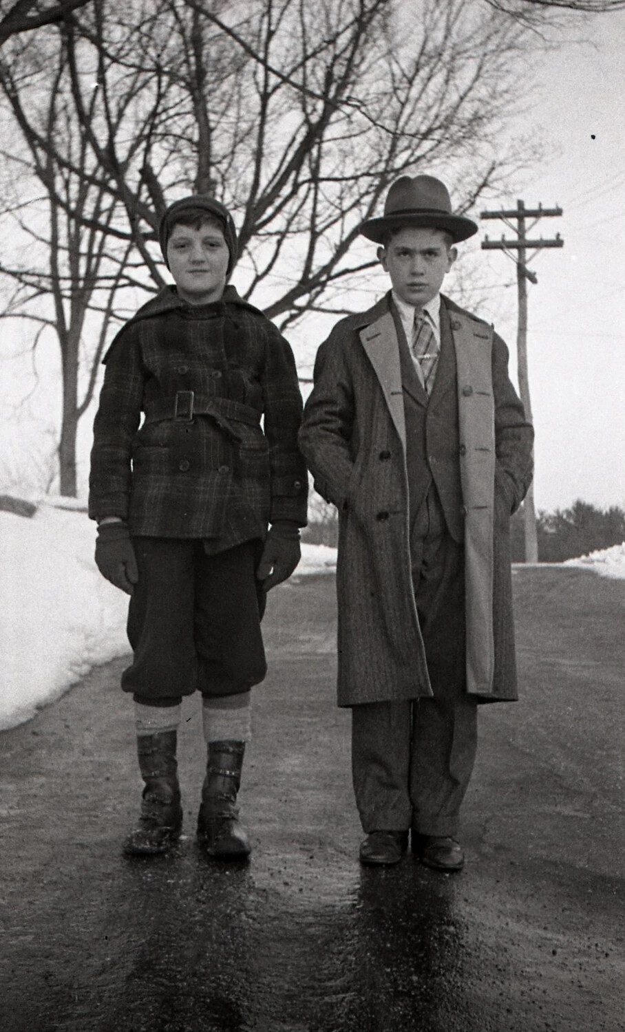 Two Young Brothers in Winter Attire on a Country Road, Stateside Snapshot