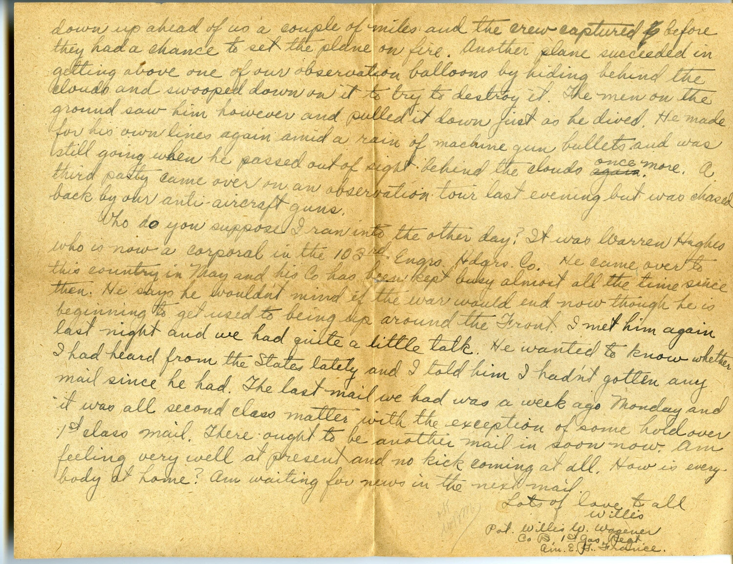 Handwritten WWI Letter, Page 4 (Letter 16D) — Pvt. Willis W. Wagener, Co. B, 1st Gas Regiment, A.E.F. France