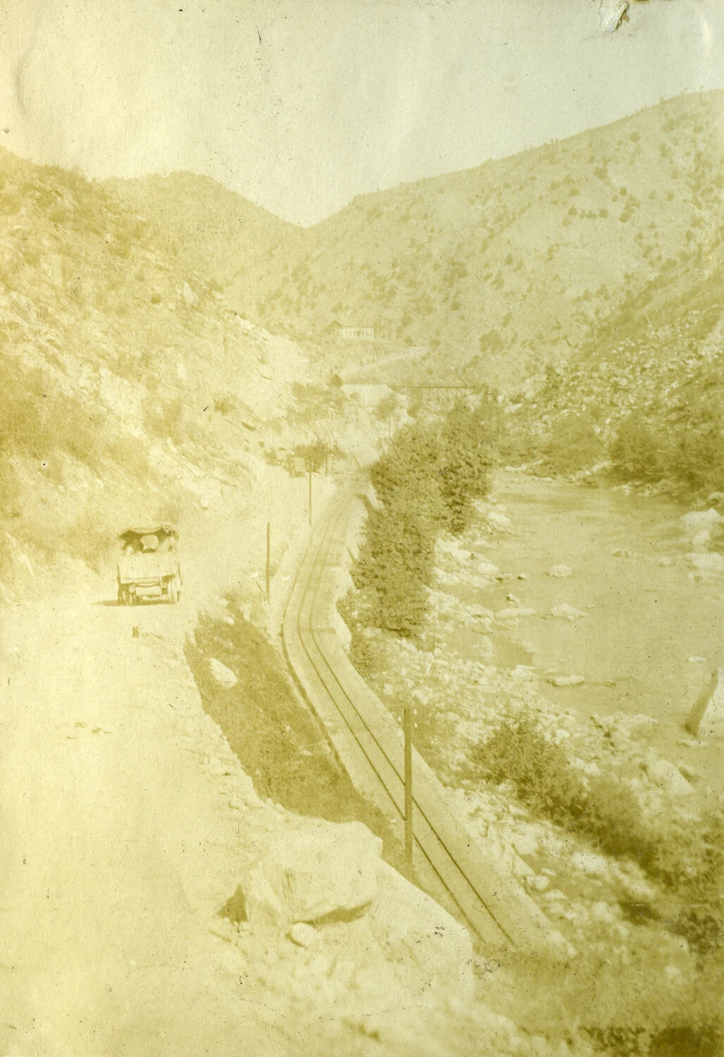 Mountain Valley Road, Railway, and River Scene, Early 20th Century Travel Photograph