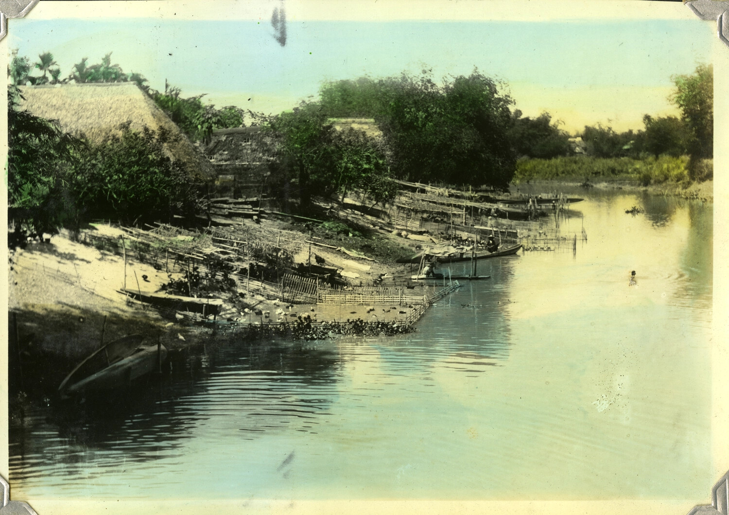 Riverside Barrio with Boats and Fish Pens, Philippines, Early-to-Mid 20th Century