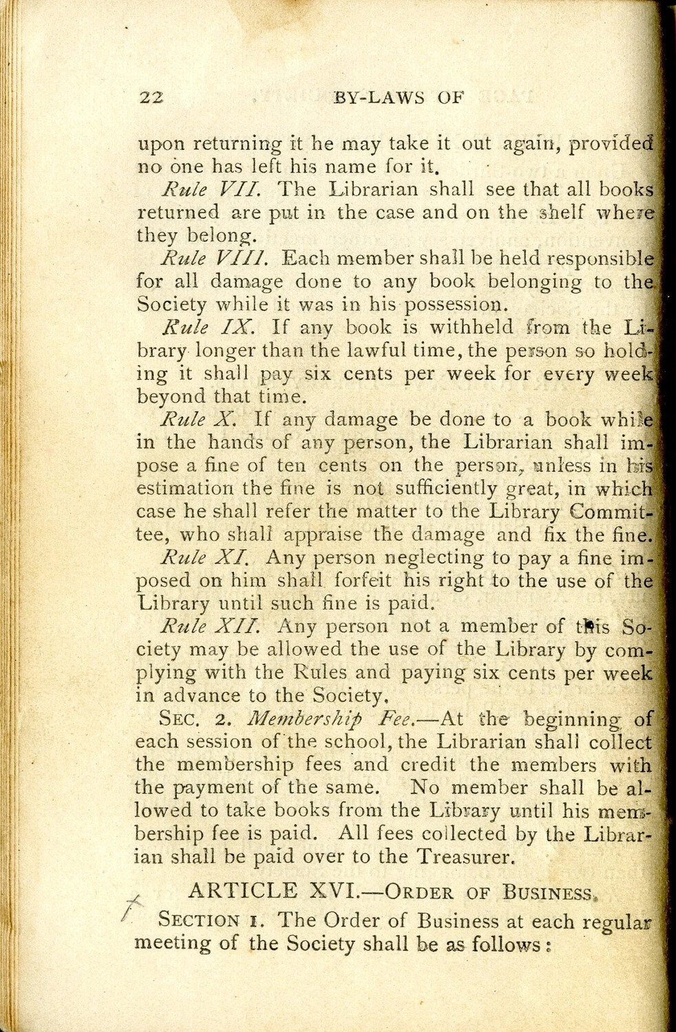 Page 22 from a Printed Literary Society By-Laws Booklet (Wagener Personal Collection)