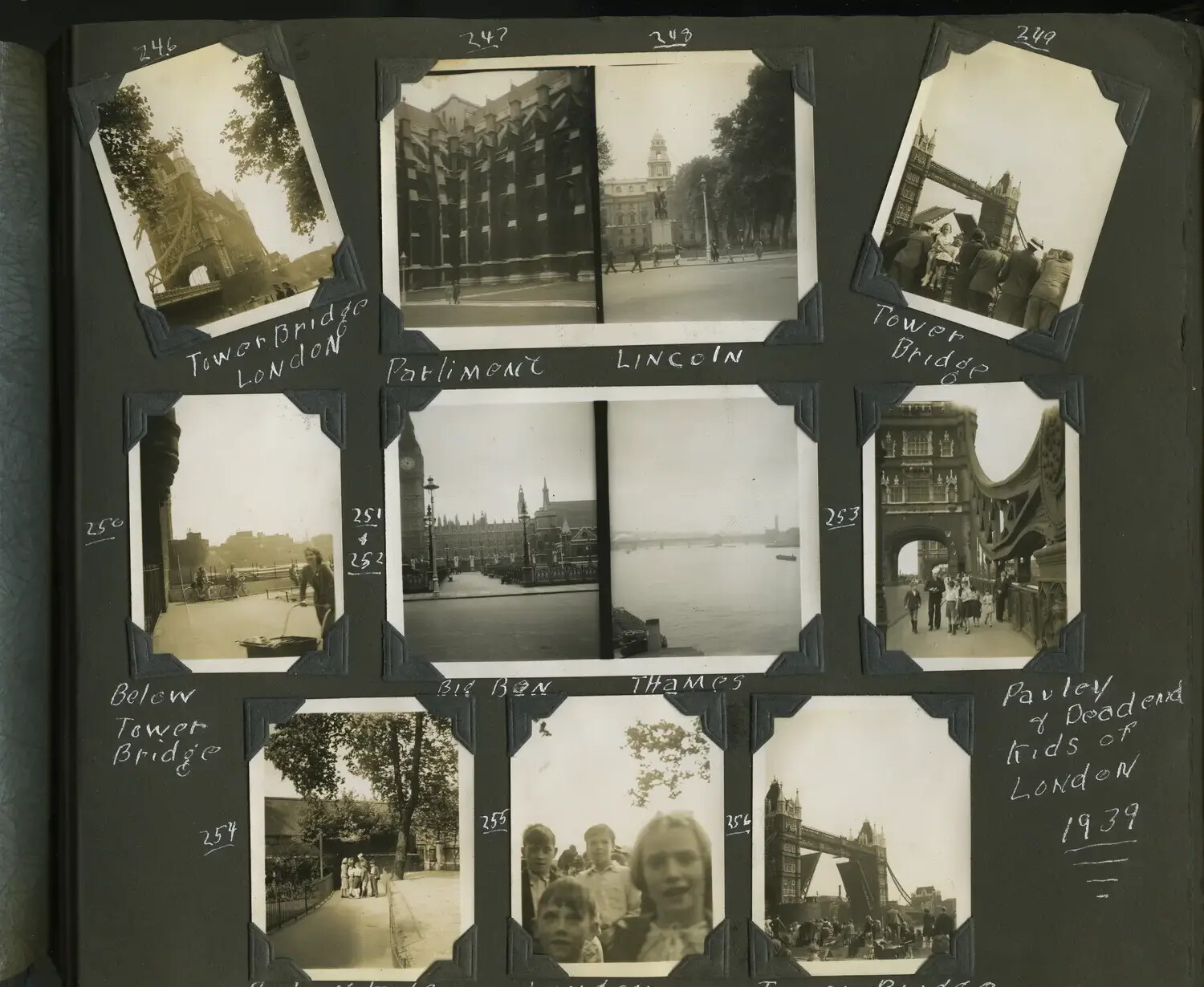 Photograph Album Page, U.S. Navy Sailor's European Liberty Tour: Tower Bridge, Parliament, and the Thames, London, 1939 (Frames 246-256)