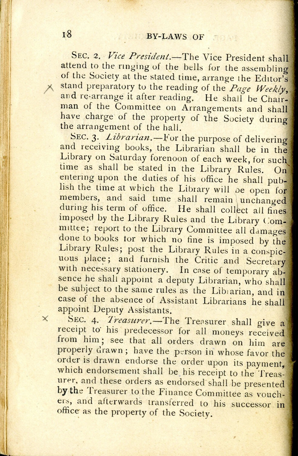 By-Laws of a Literary Society, Page 18 (Vice President, Librarian, and Treasurer Duties)