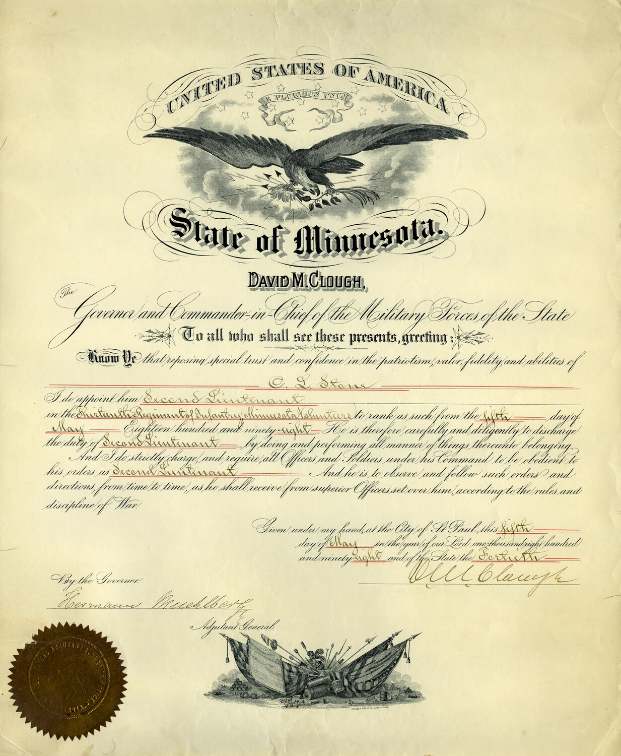 Commission Document: Second Lieutenant C. L. Stone, 13th Minnesota Volunteer Infantry, May 5, 1898