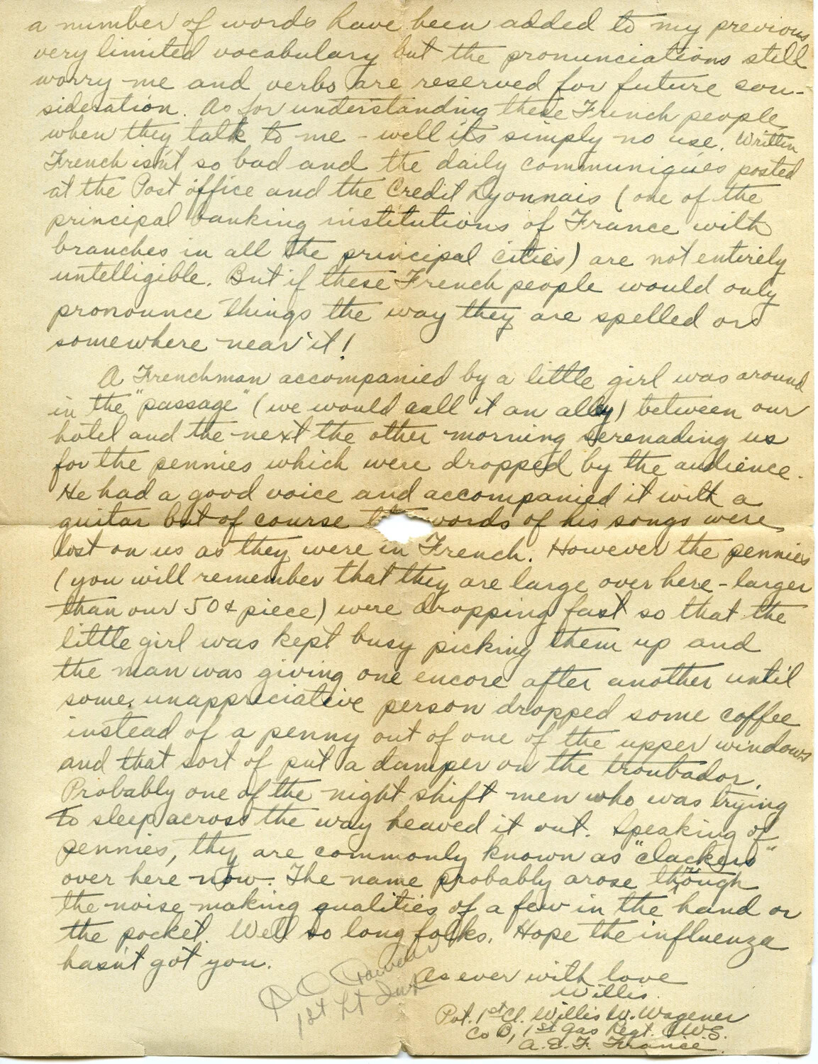 Handwritten WWI Letter Page, Pvt. Willis W. Wagener, 1st Gas Regiment, A.E.F. France — 'Letter 25,' Page G
