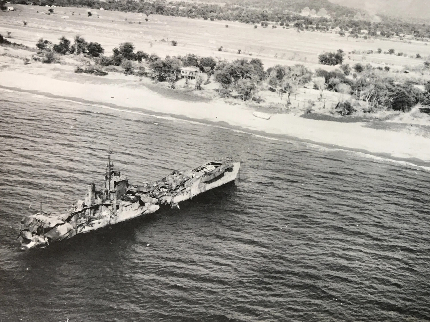 Wrecked Japanese Vessel Aground Near Coastline, Aerial Battle Damage Assessment