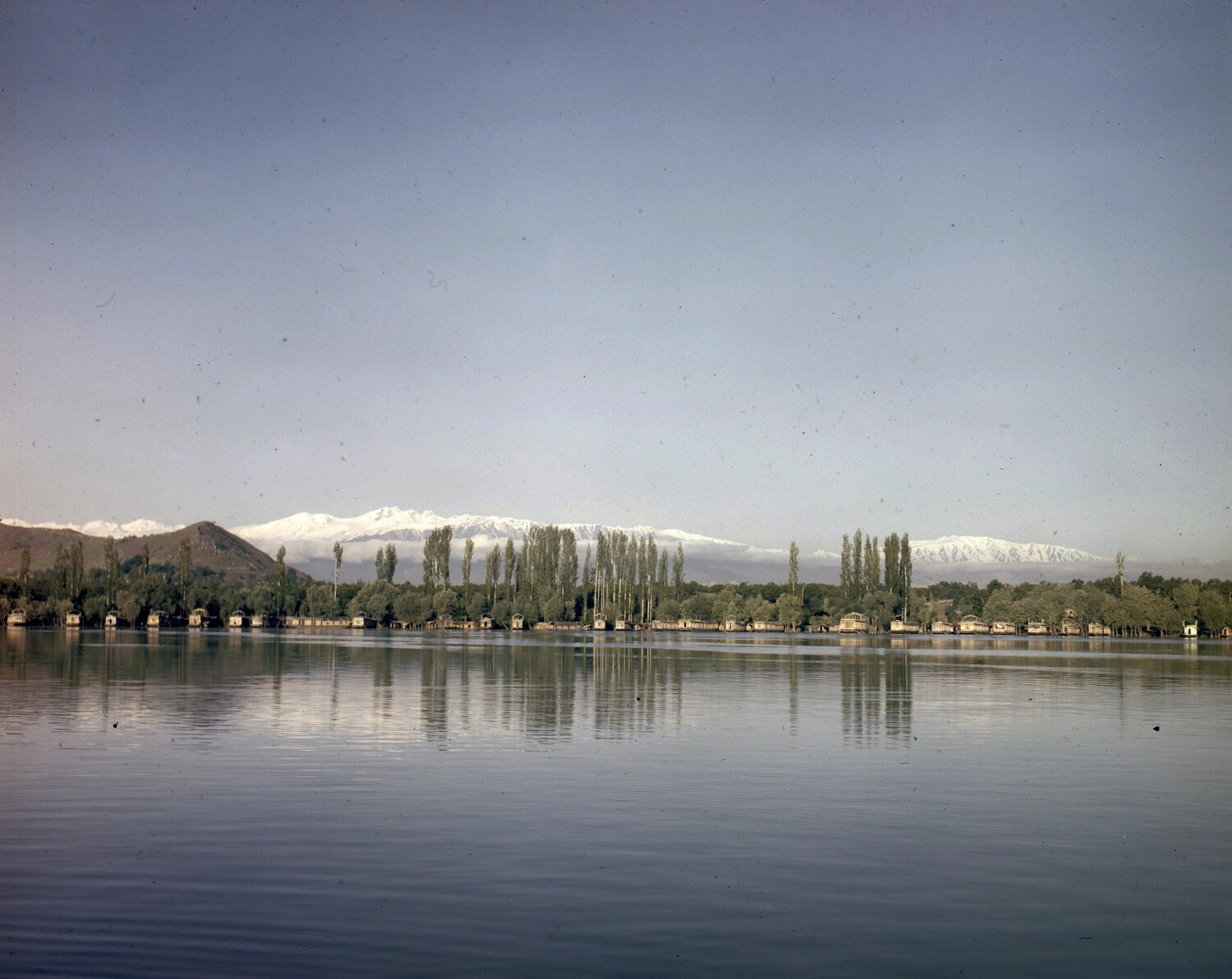 Houseboats on a Himalayan Lake, Likely Dal Lake, Srinagar, Kashmir — WWII CBI Theater Color Photograph