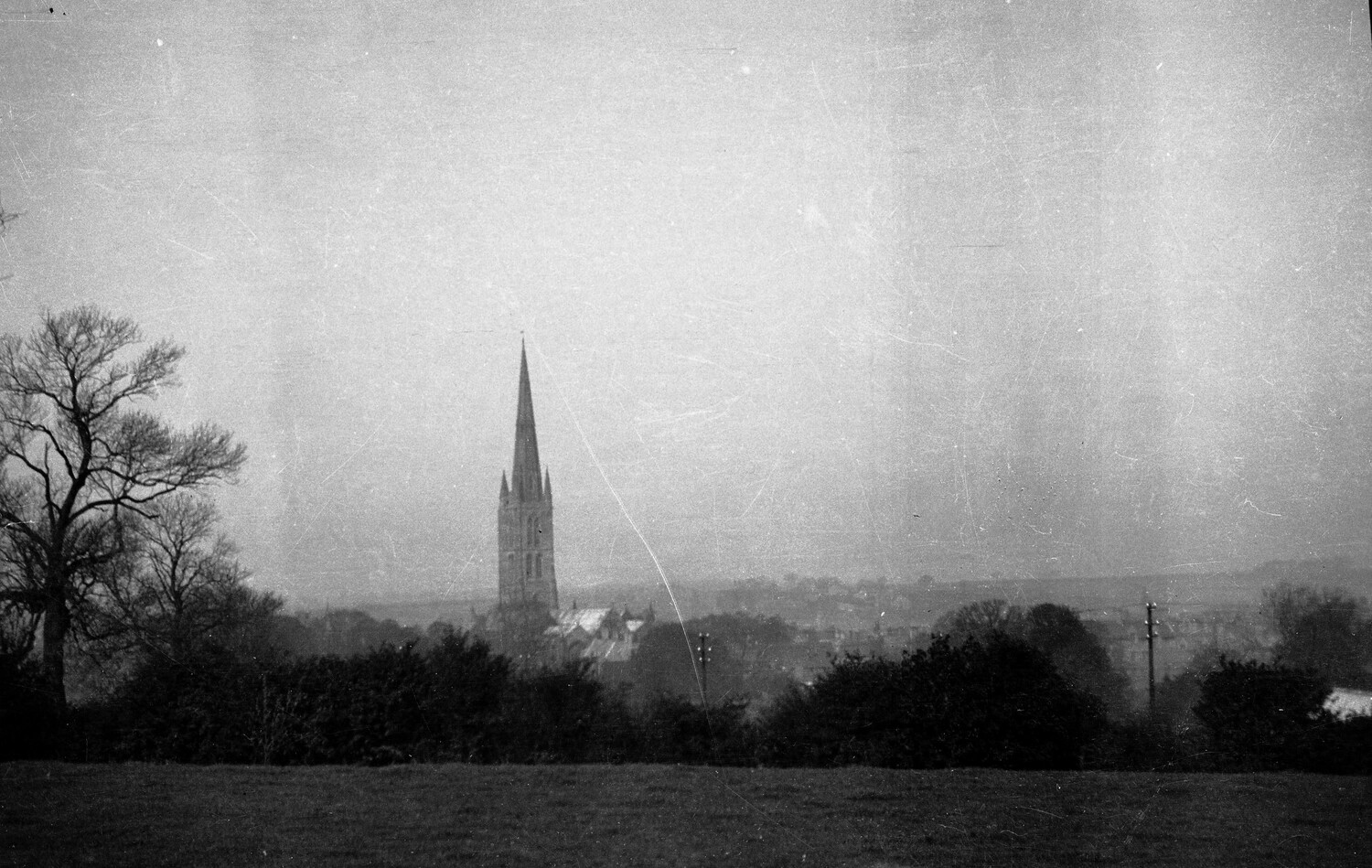 Distant View of a Gothic Church Spire Over a European Town, WWI-Era Negative (France/England), c. 1917-1919