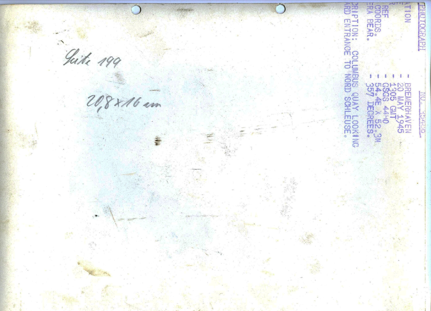 Verso/Reverse Side with Caption Stamp: 'Columbus Quay Looking Toward Entrance to Nord Schleuse,' Bremerhaven, Germany, 20 May 1945