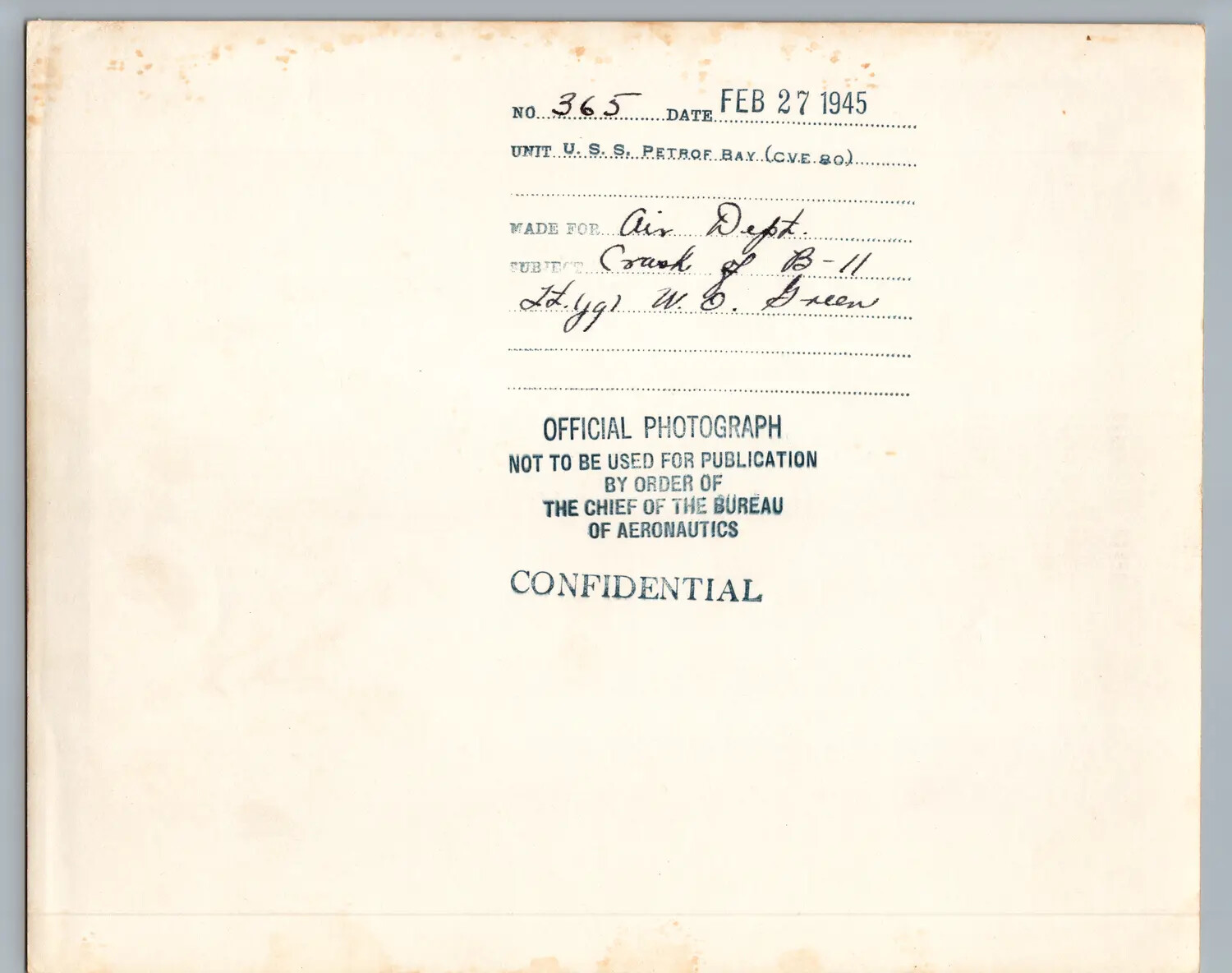 Caption Card, USS Petrof Bay (CVE-80) Aircraft Crash Photograph, February 1945