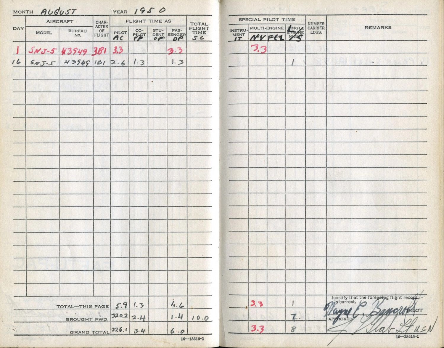 U.S. Navy Pilot Flight Logbook Page, Lt. Wayne C. Bancroft, August 1950