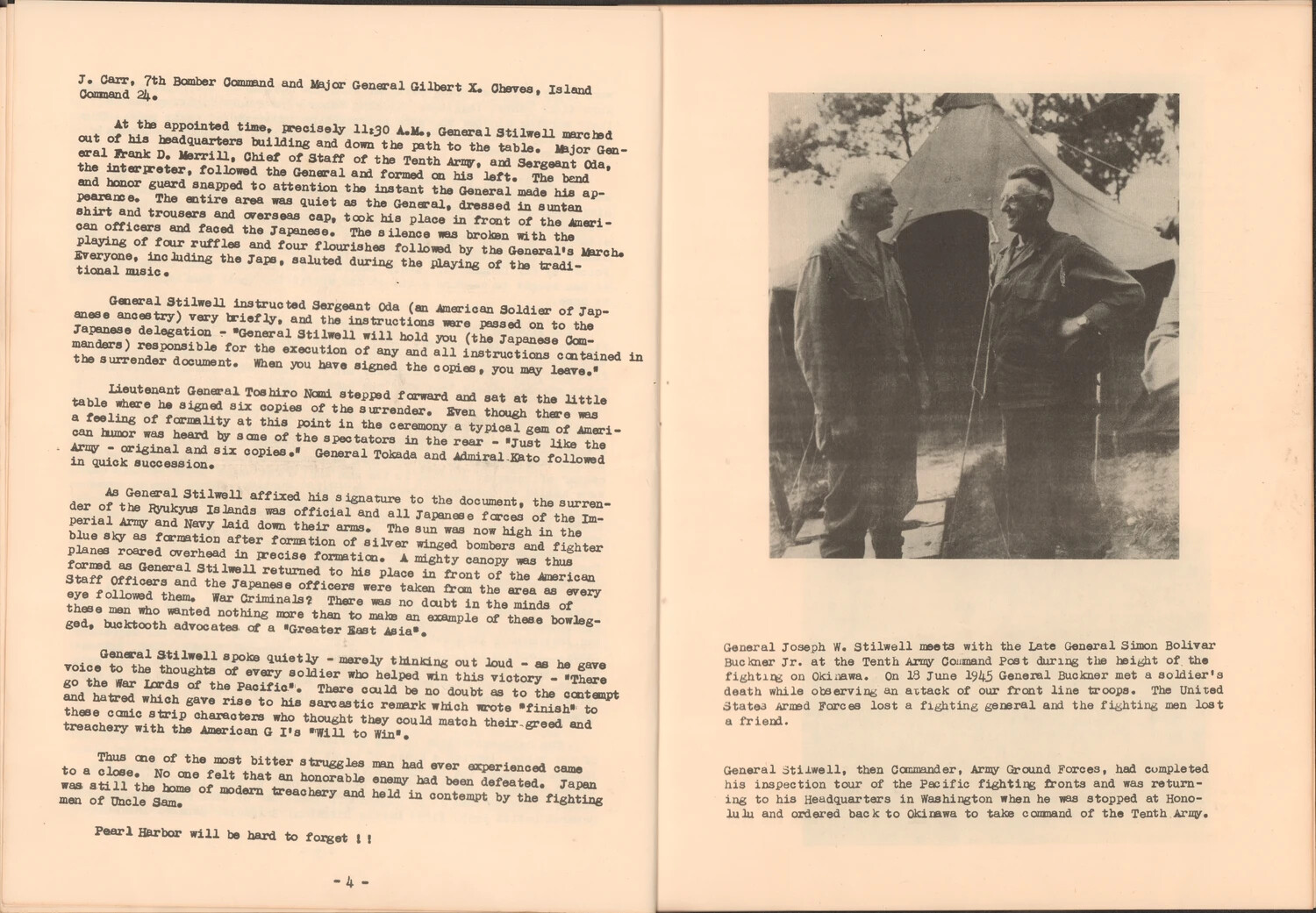 Booklet Page: Ryukyus Surrender Ceremony Narrative and Photograph of Generals Stilwell and Buckner, WWII Pacific Theater