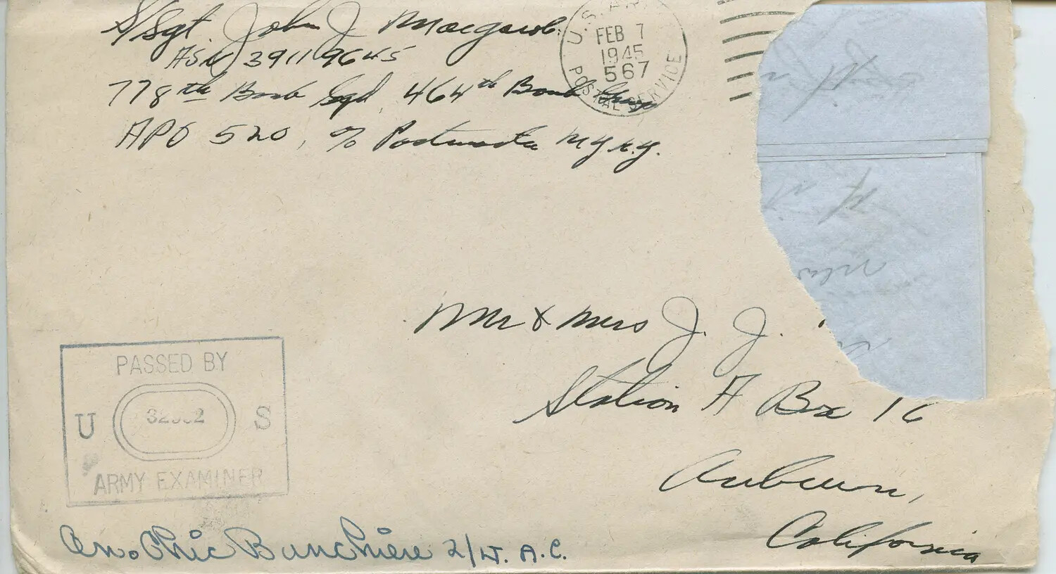 Censored WWII Envelope from S/Sgt. John J. Margarol, 778th Bomb Squadron, 464th Bomb Group