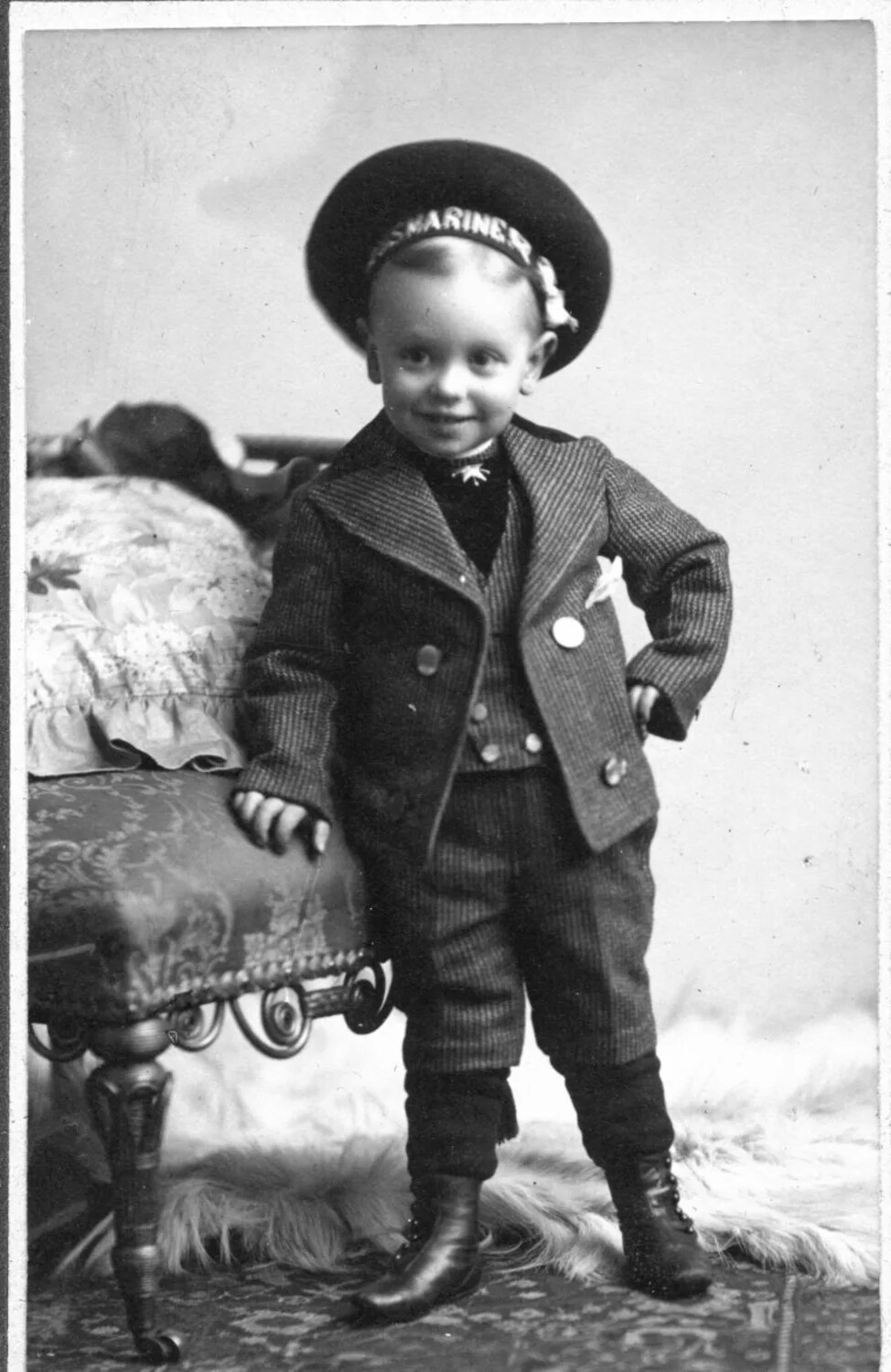 Studio Portrait of a Young Boy in Sailor Suit and 'Marine' Cap, Late 19th/Early 20th Century