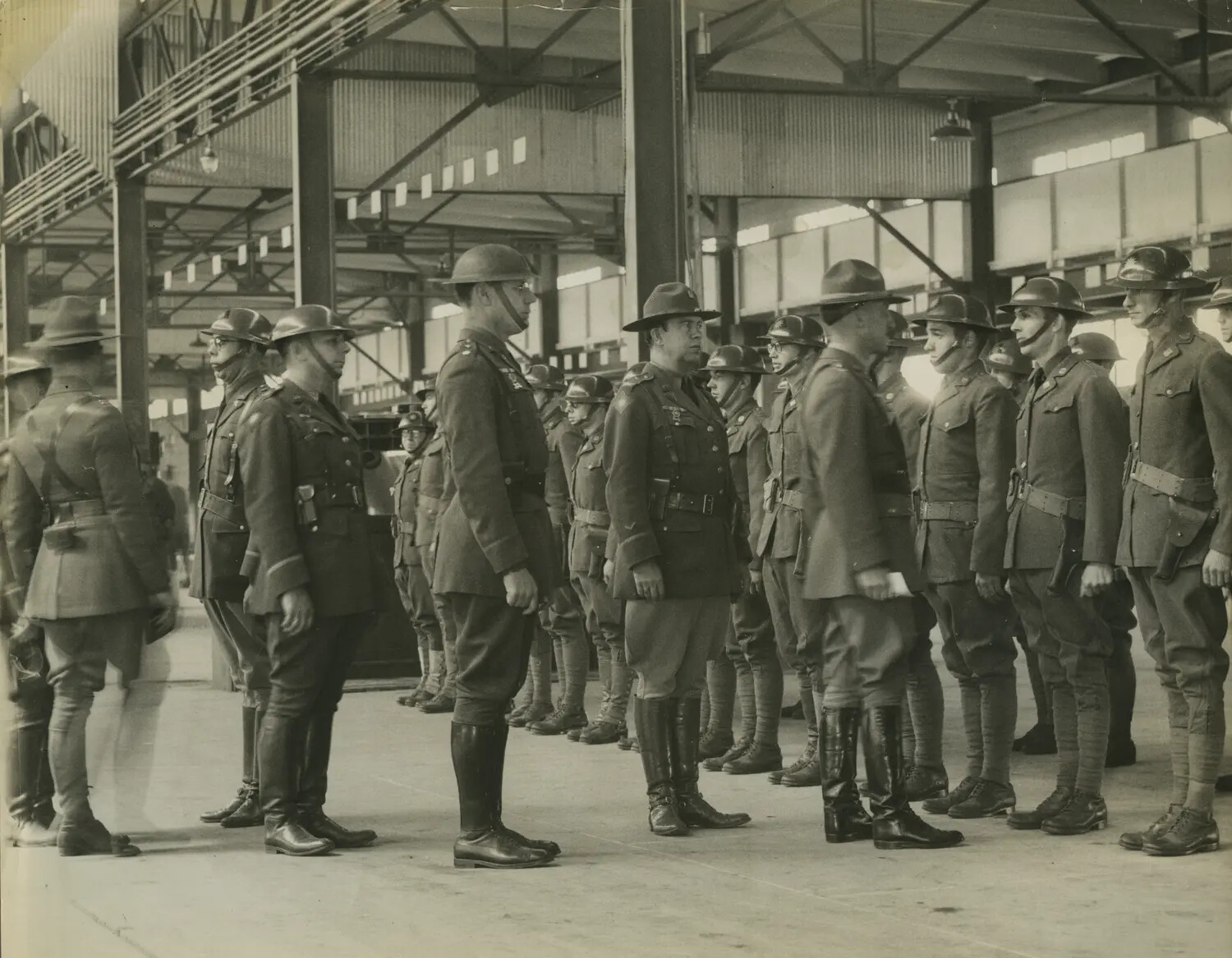 Military Inspection of National Guard Troops Inside Warehouse or Pier Shed, 1934