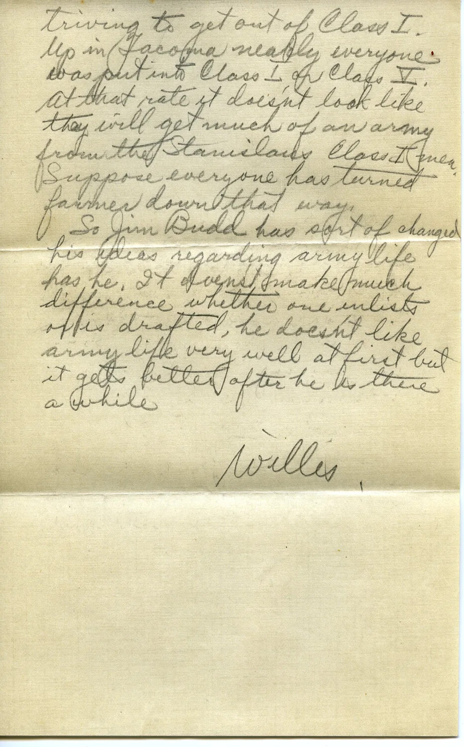 Handwritten Letter Page from Pvt. Willis W. Wagener, Dated January 16, 1918