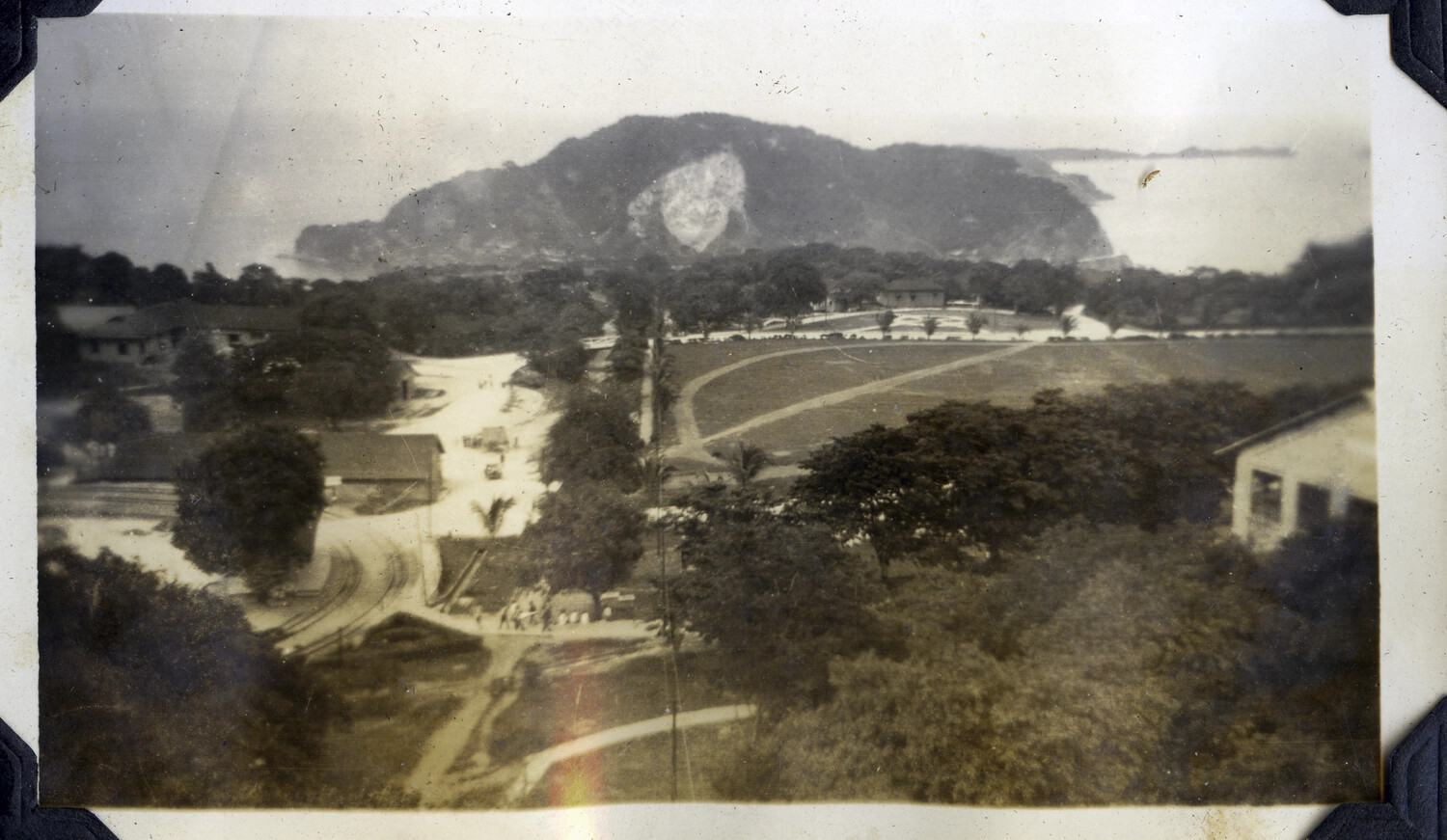 Elevated View of Coastal Military Post with Rail Spur and Open Field, Manila Bay Area