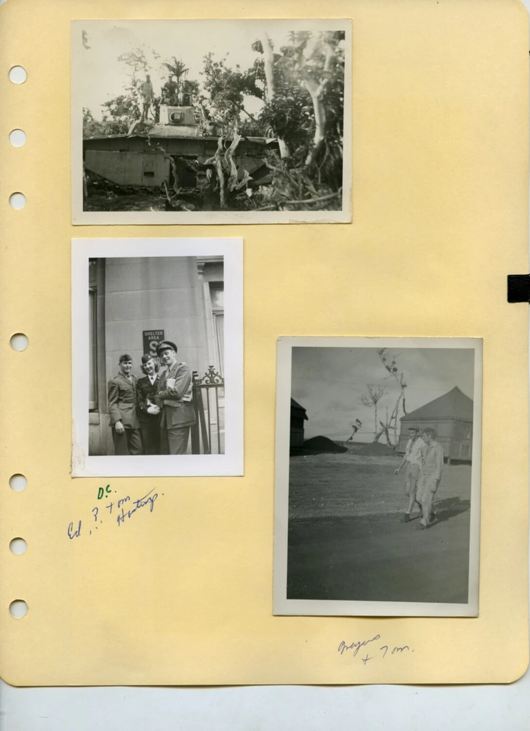 McAleer Family Photo Album Page: Wrecked Tank, Washington D.C. Portrait, and Overseas Camp Snapshot