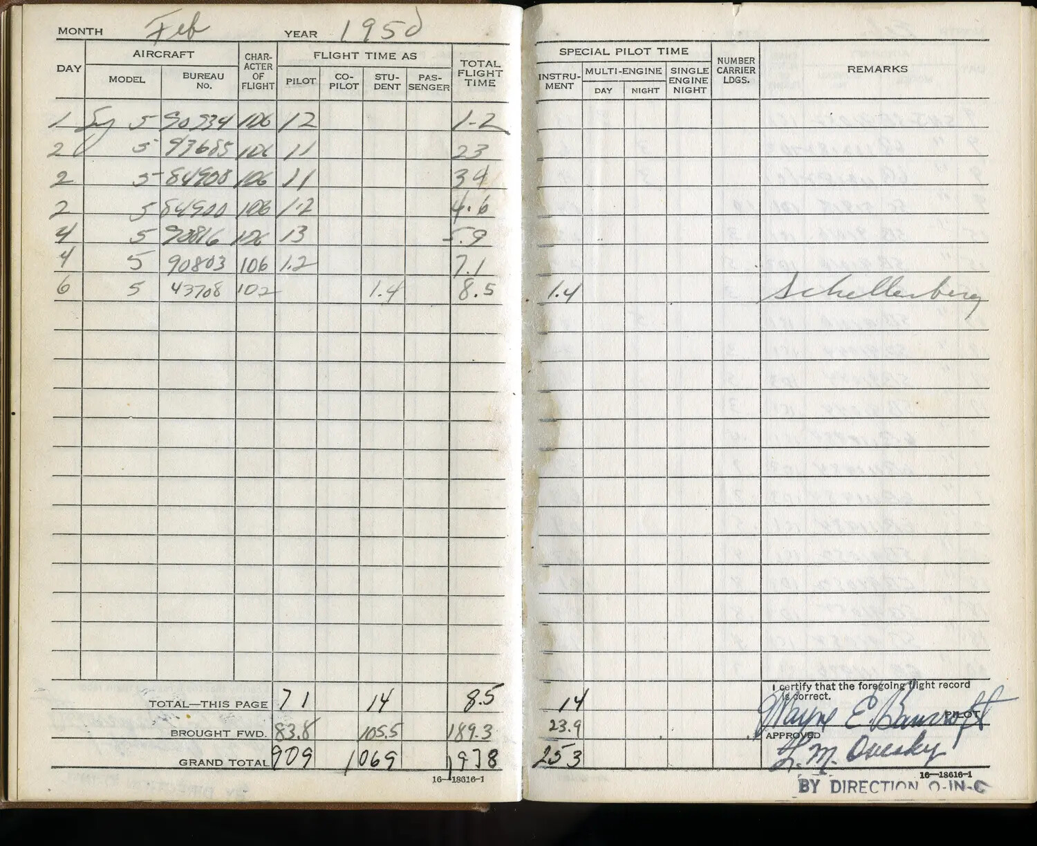 Lt. Wayne E. Bancroft's U.S. Navy Flight Log Book, February 1950