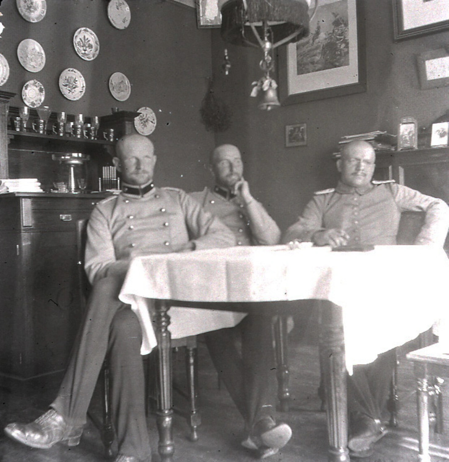 Three German Army Officers Seated at Table, Officers' Quarters, WWI Era