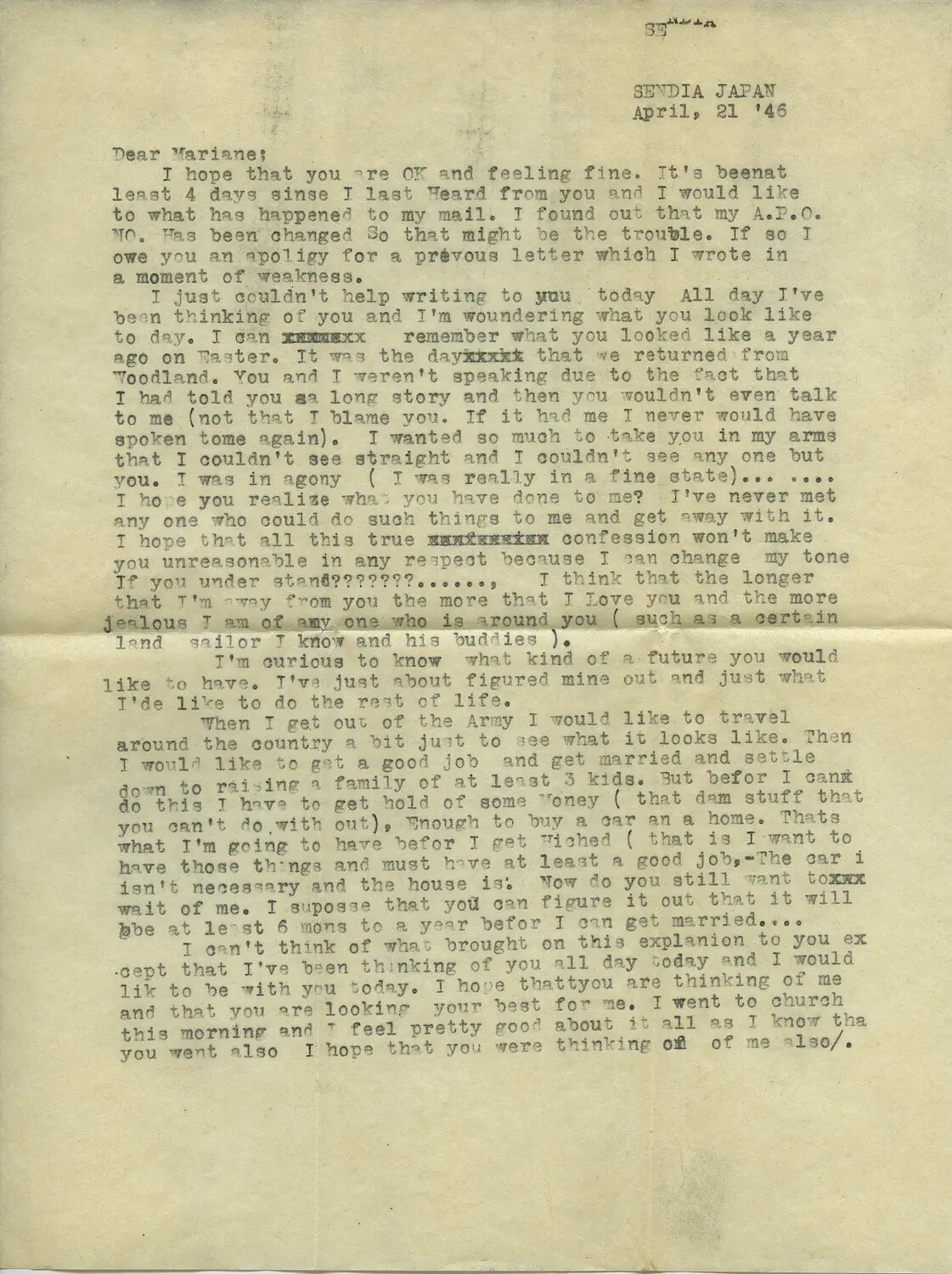Typewritten Personal Letter from U.S. Serviceman in Sendai, Japan to 'Mariane,' April 21, 1946