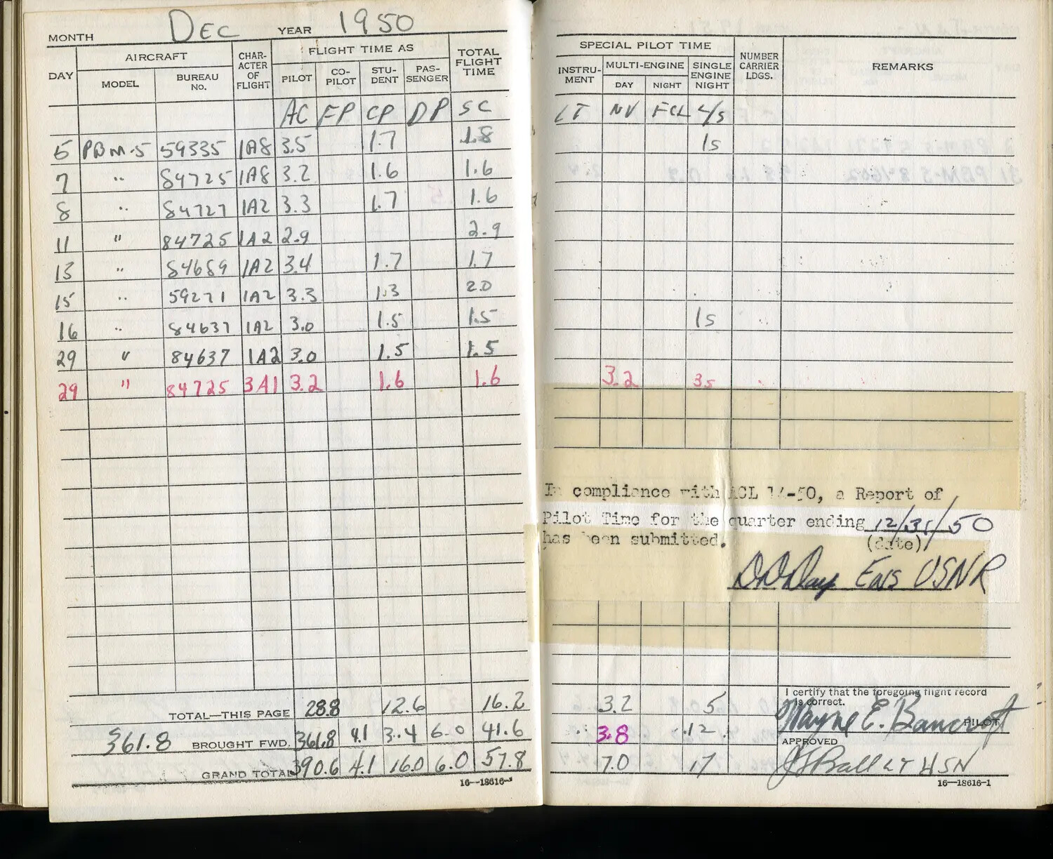 U.S. Navy Flight Logbook Page — Lt. Wayne E. Bancroft, PBM-5 Mariner Squadron, December 1950