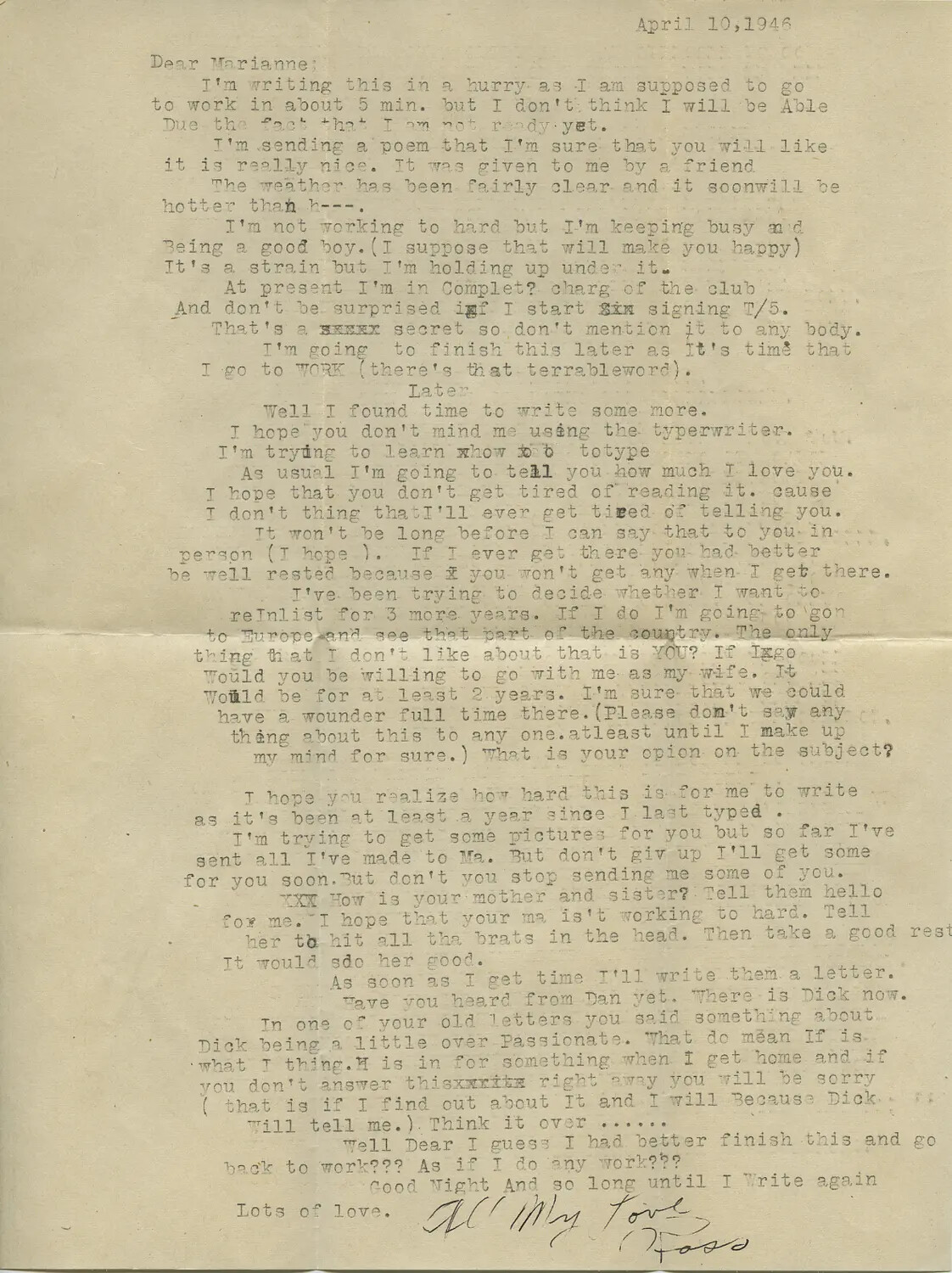 Typewritten Letter to 'Marianne' from a Serviceman, Dated April 10, 1946