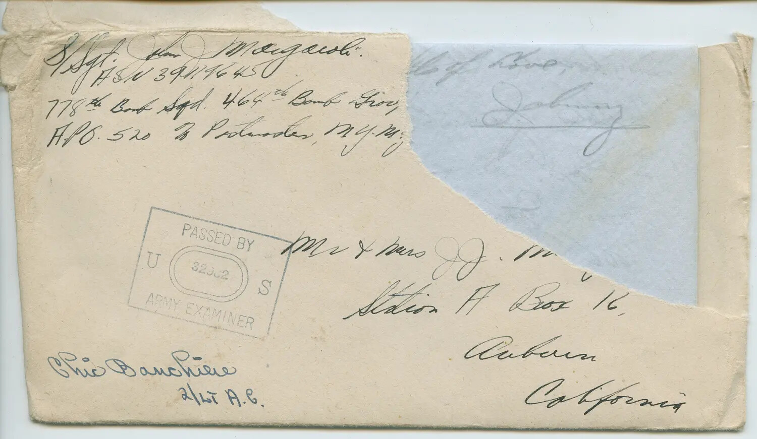 WWII Censored Mail Envelope from S/Sgt. Margaroli, 778th Bomb Squadron, 464th Bomb Group