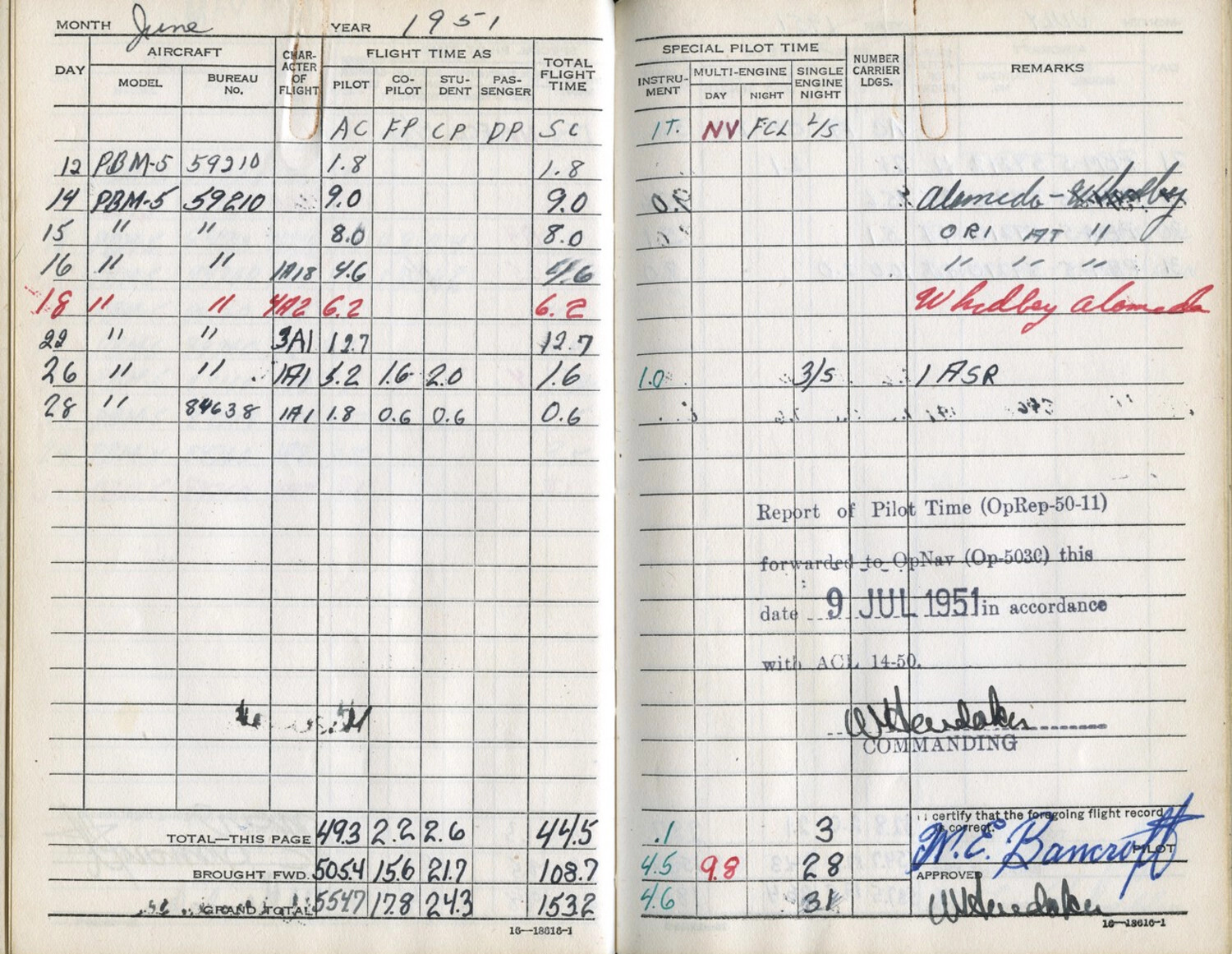 Lt. M.C. Bancroft's U.S. Navy Flight Logbook, June 1951 (PBM-5 Mariner Operations)