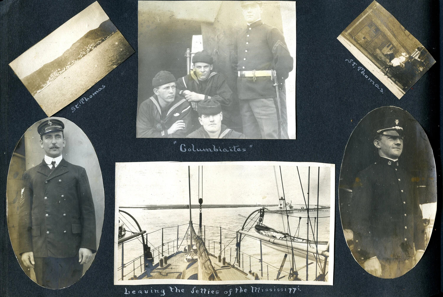 Album Page: St. Thomas Views, 'Columbiaites' Group Portrait, Officer Portraits, and Leaving the Mississippi Jetties - USS Columbia Album
